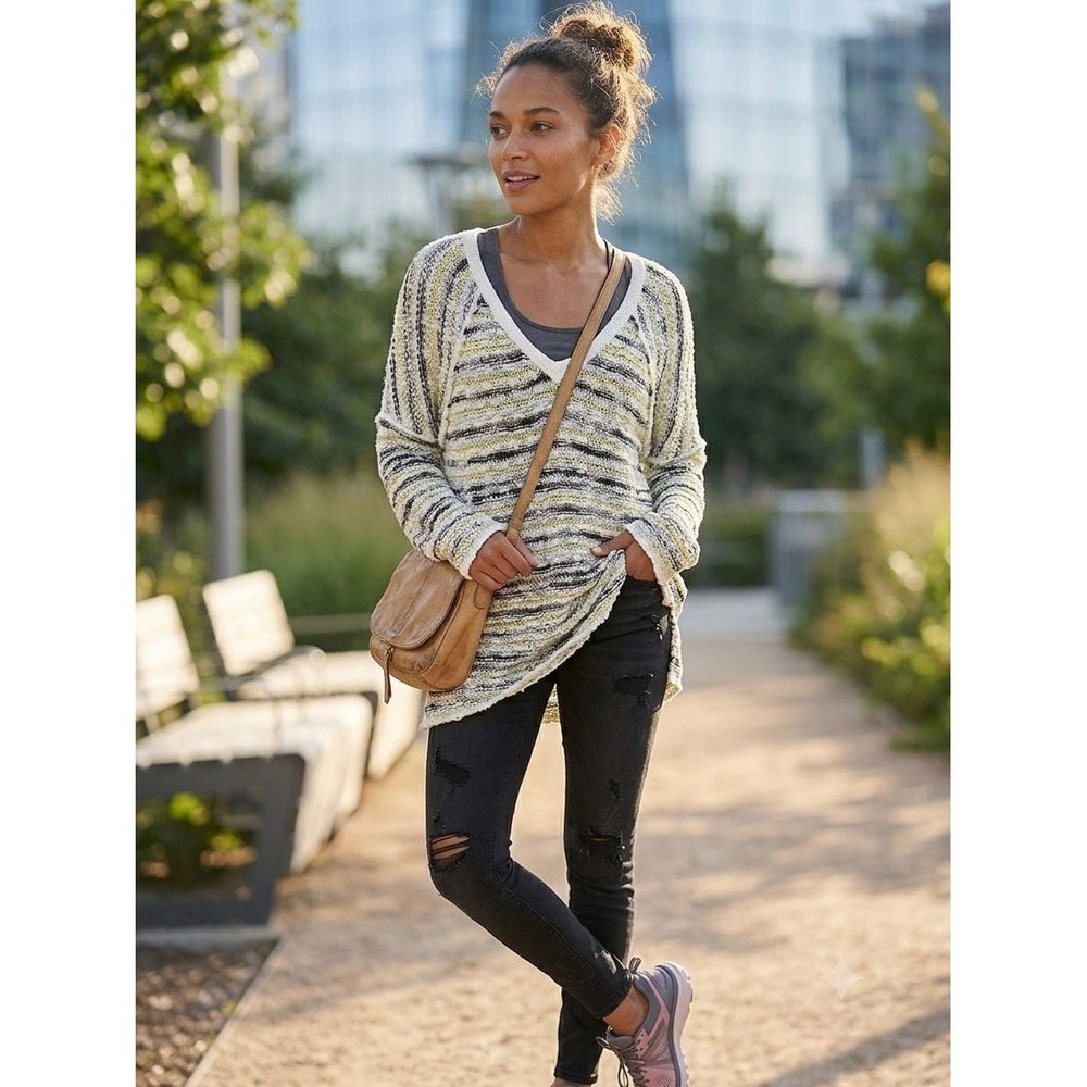 Free People Sunset Park V-Neck Striped Oversized Knit Sweater Lime Black Large